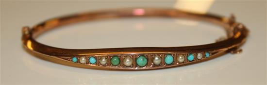 9ct gold turquoise & seed pearl set hinged bracelet.